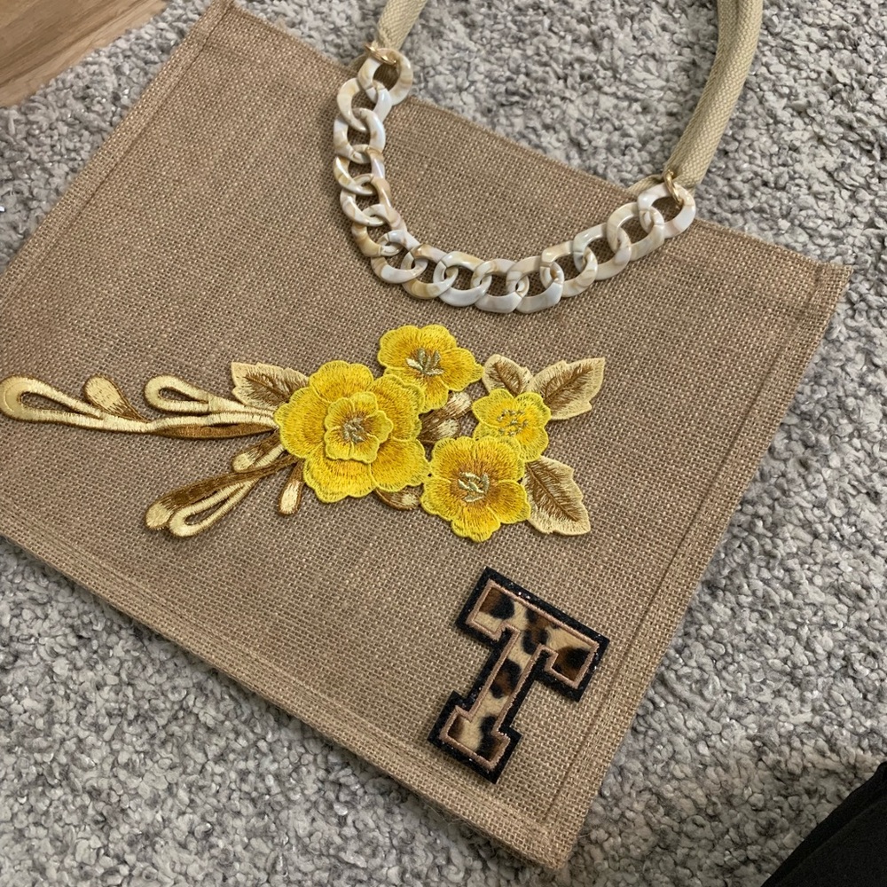 Brown jute tote yellow flowers and initials